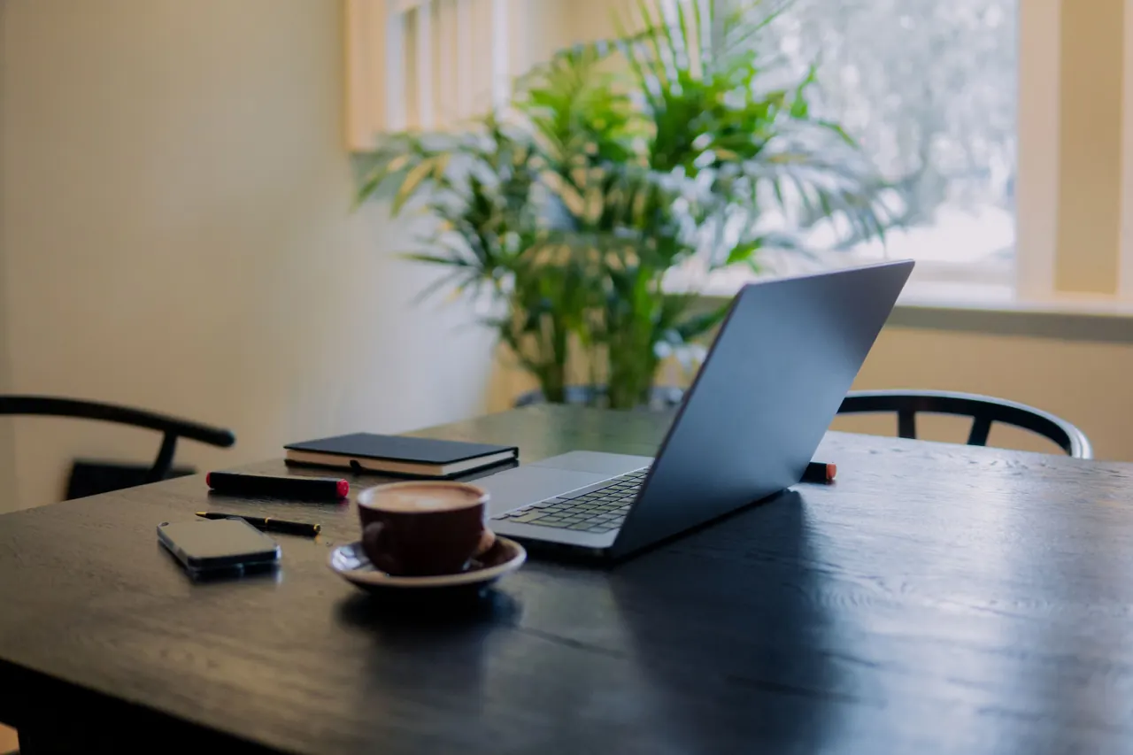 A warm workspace with a laptop, a coffee cup and a plant by a window